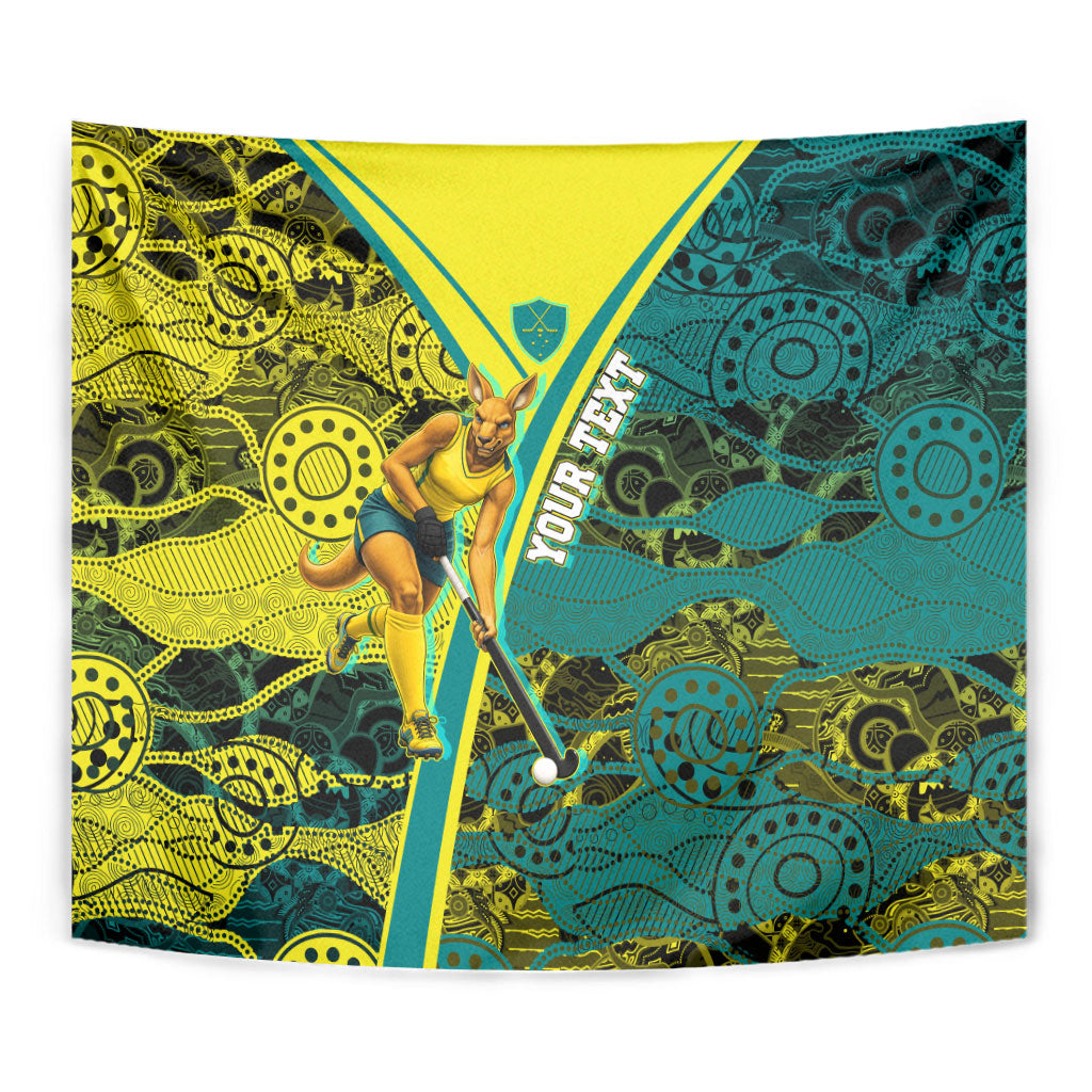 Custom Hockeyroos Kangaroo Field Hockey Tapestry Aboriginal Pattern Green Gold Dynamic Athlete Design
