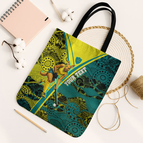 Custom Hockeyroos Kangaroo Field Hockey Tote Bag Aboriginal Pattern Green Gold Dynamic Athlete Design