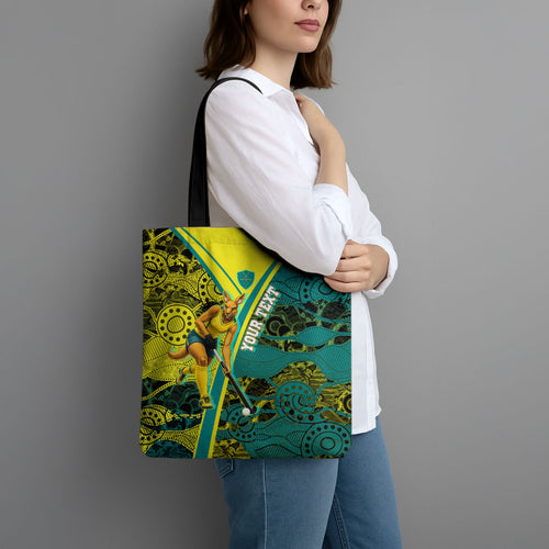 Custom Hockeyroos Kangaroo Field Hockey Tote Bag Aboriginal Pattern Green Gold Dynamic Athlete Design