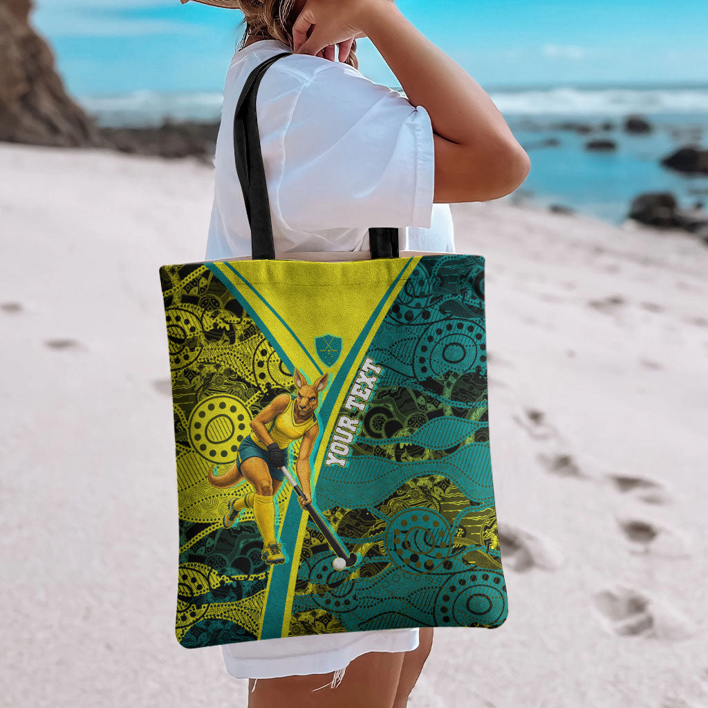 Custom Hockeyroos Kangaroo Field Hockey Tote Bag Aboriginal Pattern Green Gold Dynamic Athlete Design