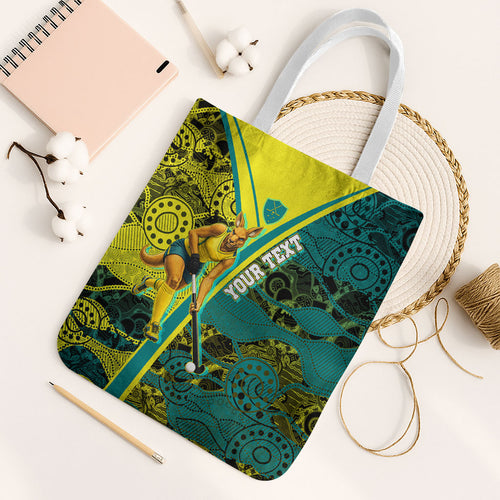 Custom Hockeyroos Kangaroo Field Hockey Tote Bag Aboriginal Pattern Green Gold Dynamic Athlete Design