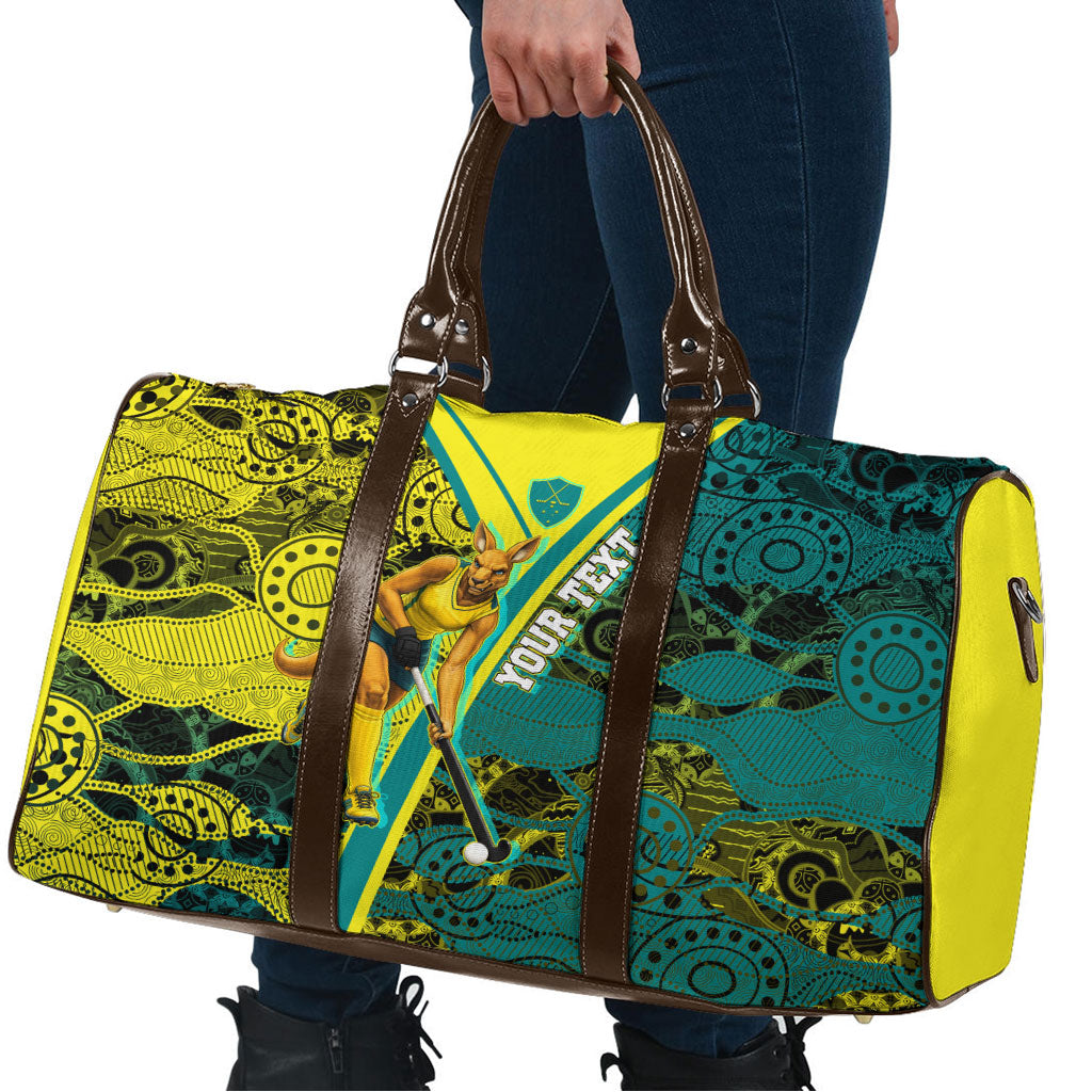 Custom Hockeyroos Kangaroo Field Hockey Travel Bag Aboriginal Pattern Green Gold Dynamic Athlete Design