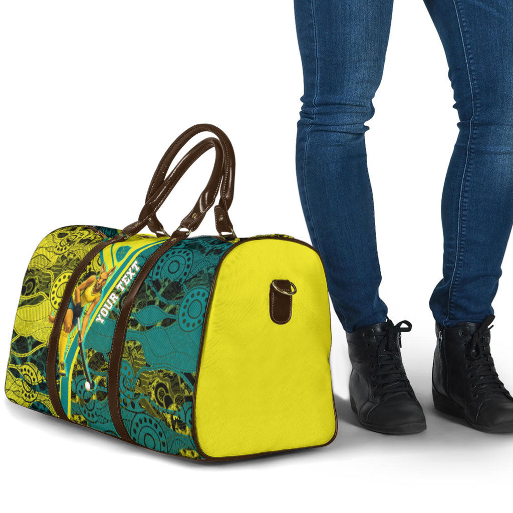 Custom Hockeyroos Kangaroo Field Hockey Travel Bag Aboriginal Pattern Green Gold Dynamic Athlete Design