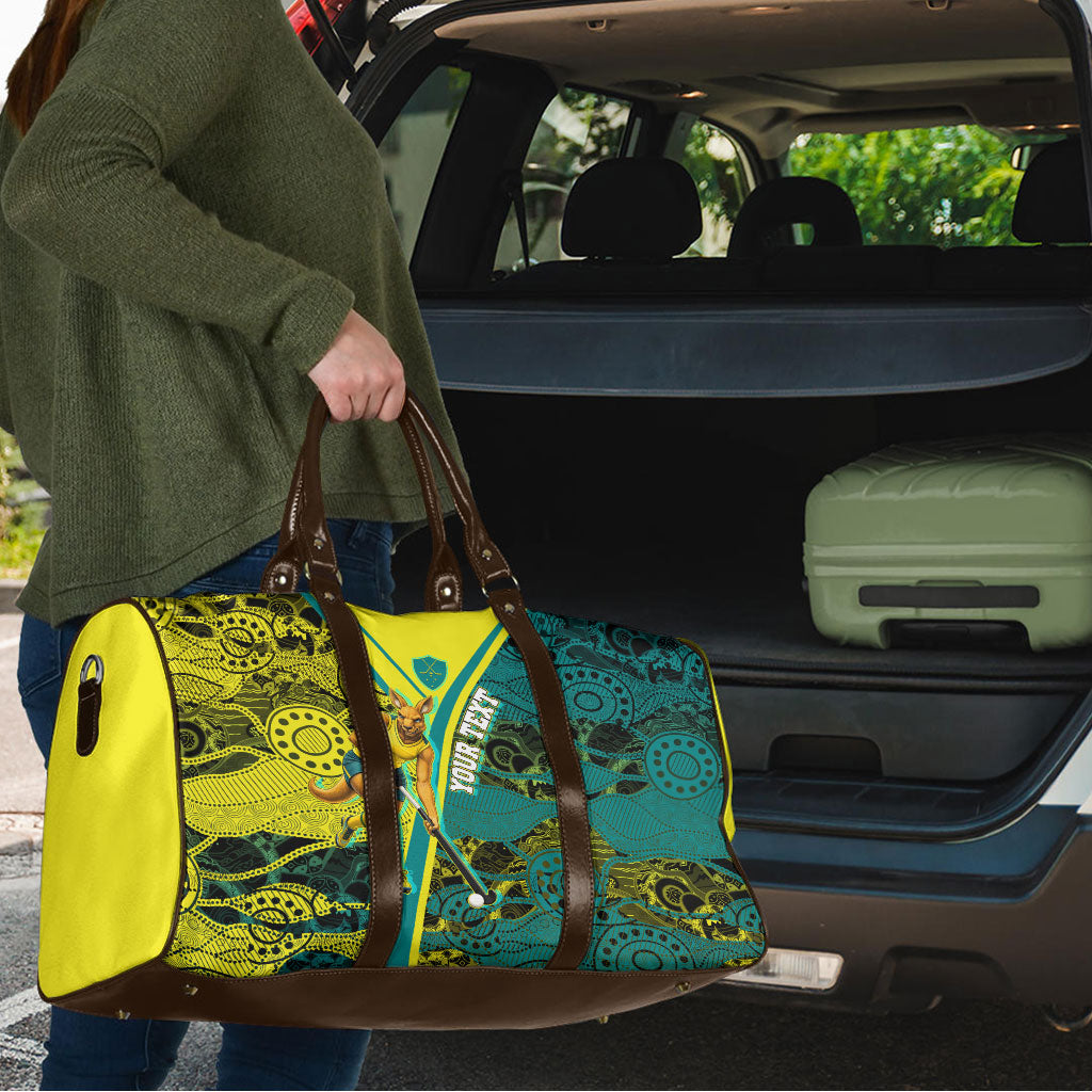 Custom Hockeyroos Kangaroo Field Hockey Travel Bag Aboriginal Pattern Green Gold Dynamic Athlete Design