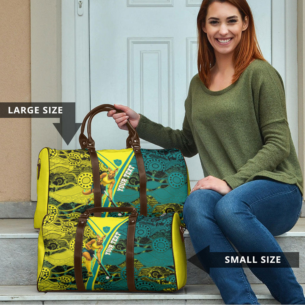 Custom Hockeyroos Kangaroo Field Hockey Travel Bag Aboriginal Pattern Green Gold Dynamic Athlete Design