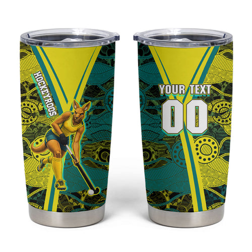 Custom Hockeyroos Kangaroo Field Hockey Tumbler Cup Aboriginal Pattern Green Gold Dynamic Athlete Design