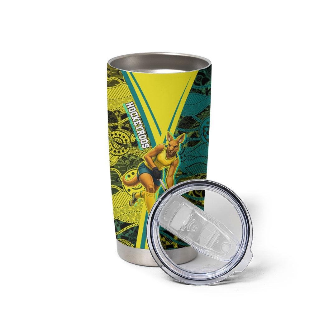 Custom Hockeyroos Kangaroo Field Hockey Tumbler Cup Aboriginal Pattern Green Gold Dynamic Athlete Design