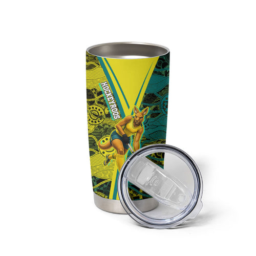 Custom Hockeyroos Kangaroo Field Hockey Tumbler Cup Aboriginal Pattern Green Gold Dynamic Athlete Design