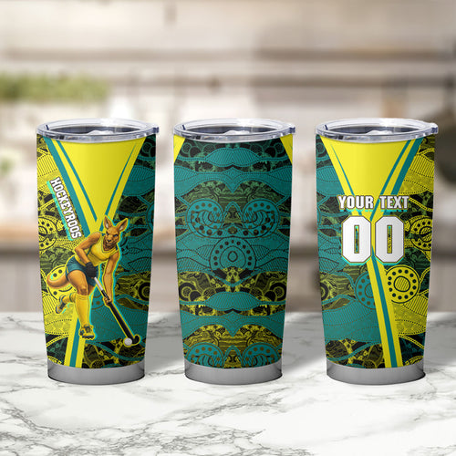 Custom Hockeyroos Kangaroo Field Hockey Tumbler Cup Aboriginal Pattern Green Gold Dynamic Athlete Design