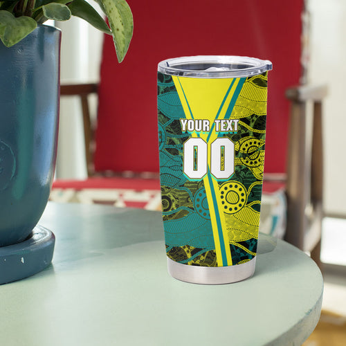 Custom Hockeyroos Kangaroo Field Hockey Tumbler Cup Aboriginal Pattern Green Gold Dynamic Athlete Design