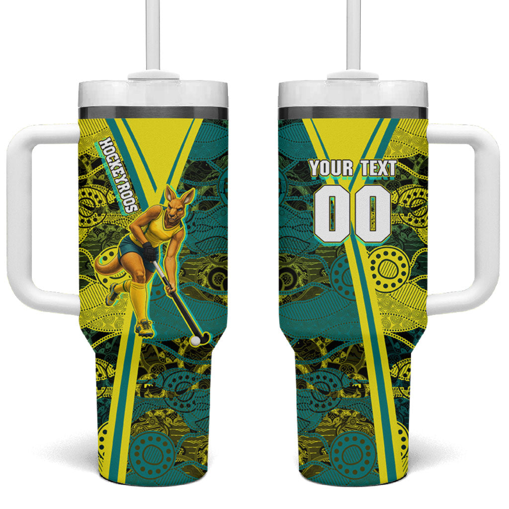 Custom Hockeyroos Kangaroo Field Hockey Tumbler With Handle Aboriginal Pattern Green Gold Dynamic Athlete Design