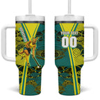 Custom Hockeyroos Kangaroo Field Hockey Tumbler With Handle Aboriginal Pattern Green Gold Dynamic Athlete Design