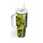 Custom Hockeyroos Kangaroo Field Hockey Tumbler With Handle Aboriginal Pattern Green Gold Dynamic Athlete Design