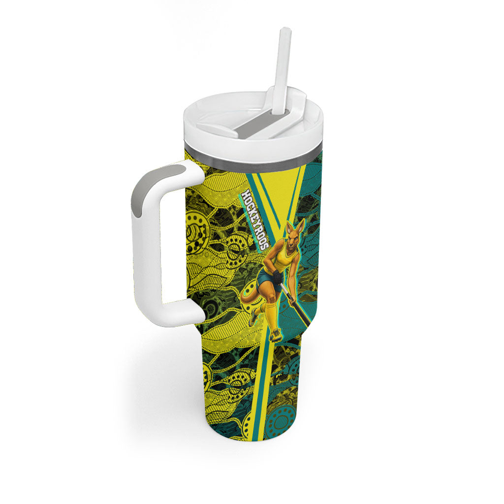 Custom Hockeyroos Kangaroo Field Hockey Tumbler With Handle Aboriginal Pattern Green Gold Dynamic Athlete Design