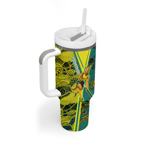 Custom Hockeyroos Kangaroo Field Hockey Tumbler With Handle Aboriginal Pattern Green Gold Dynamic Athlete Design