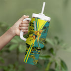 Custom Hockeyroos Kangaroo Field Hockey Tumbler With Handle Aboriginal Pattern Green Gold Dynamic Athlete Design