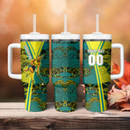 Custom Hockeyroos Kangaroo Field Hockey Tumbler With Handle Aboriginal Pattern Green Gold Dynamic Athlete Design