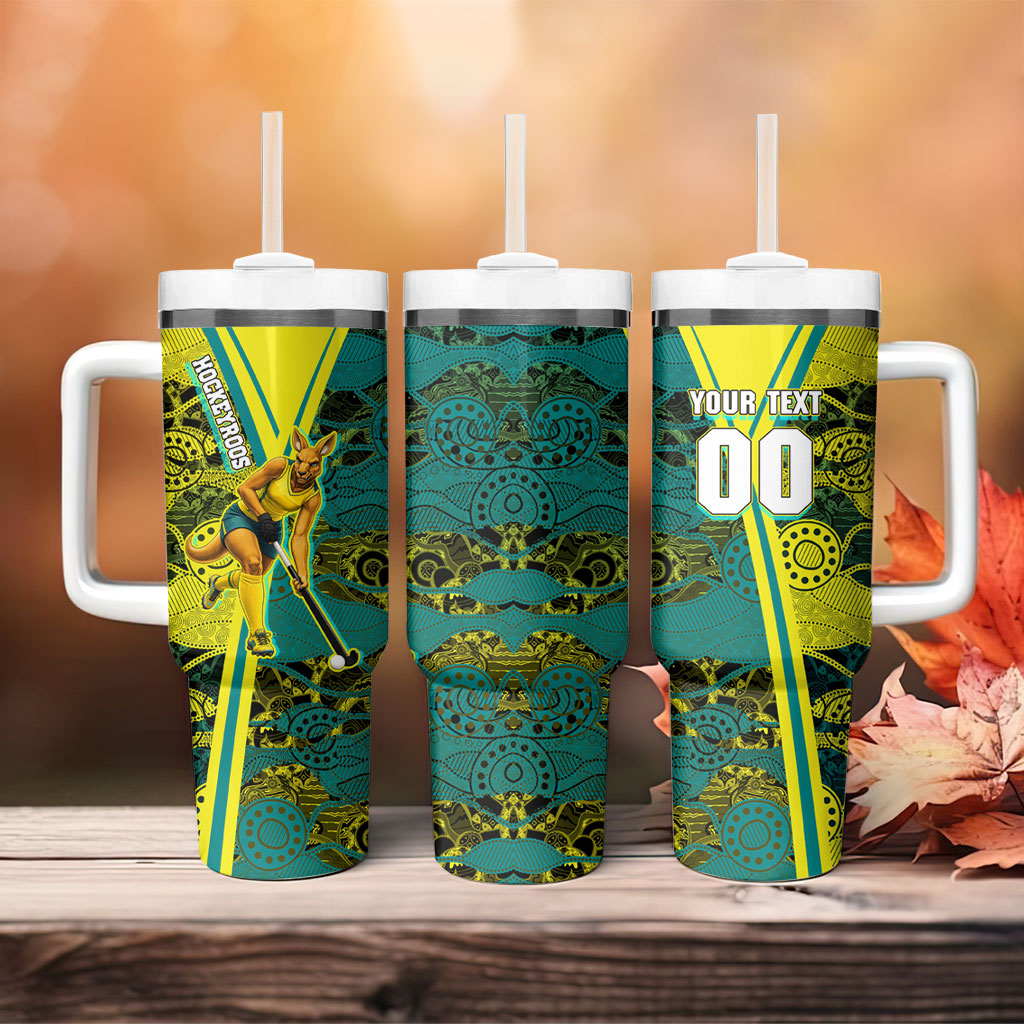 Custom Hockeyroos Kangaroo Field Hockey Tumbler With Handle Aboriginal Pattern Green Gold Dynamic Athlete Design