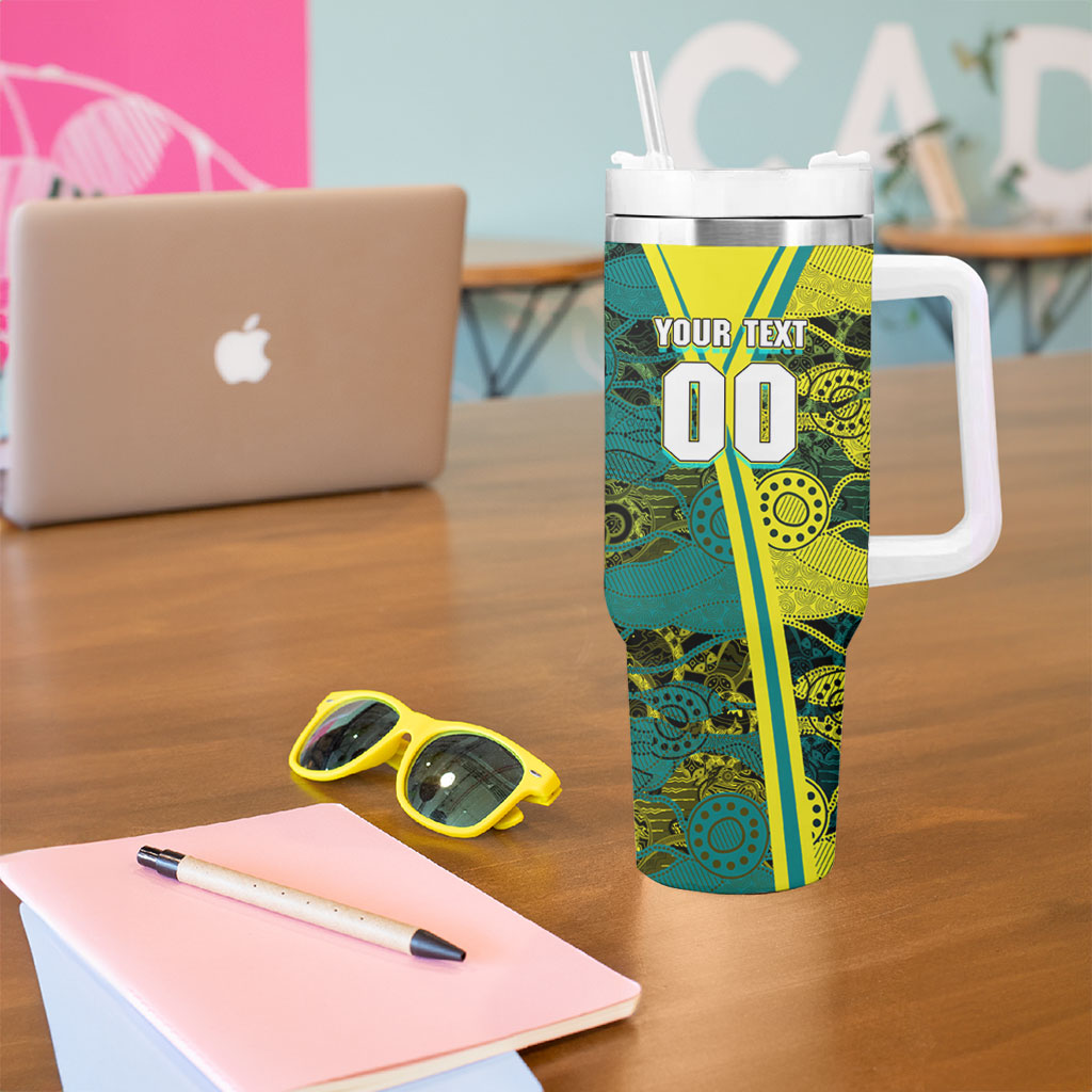 Custom Hockeyroos Kangaroo Field Hockey Tumbler With Handle Aboriginal Pattern Green Gold Dynamic Athlete Design