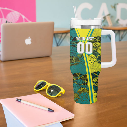 Custom Hockeyroos Kangaroo Field Hockey Tumbler With Handle Aboriginal Pattern Green Gold Dynamic Athlete Design