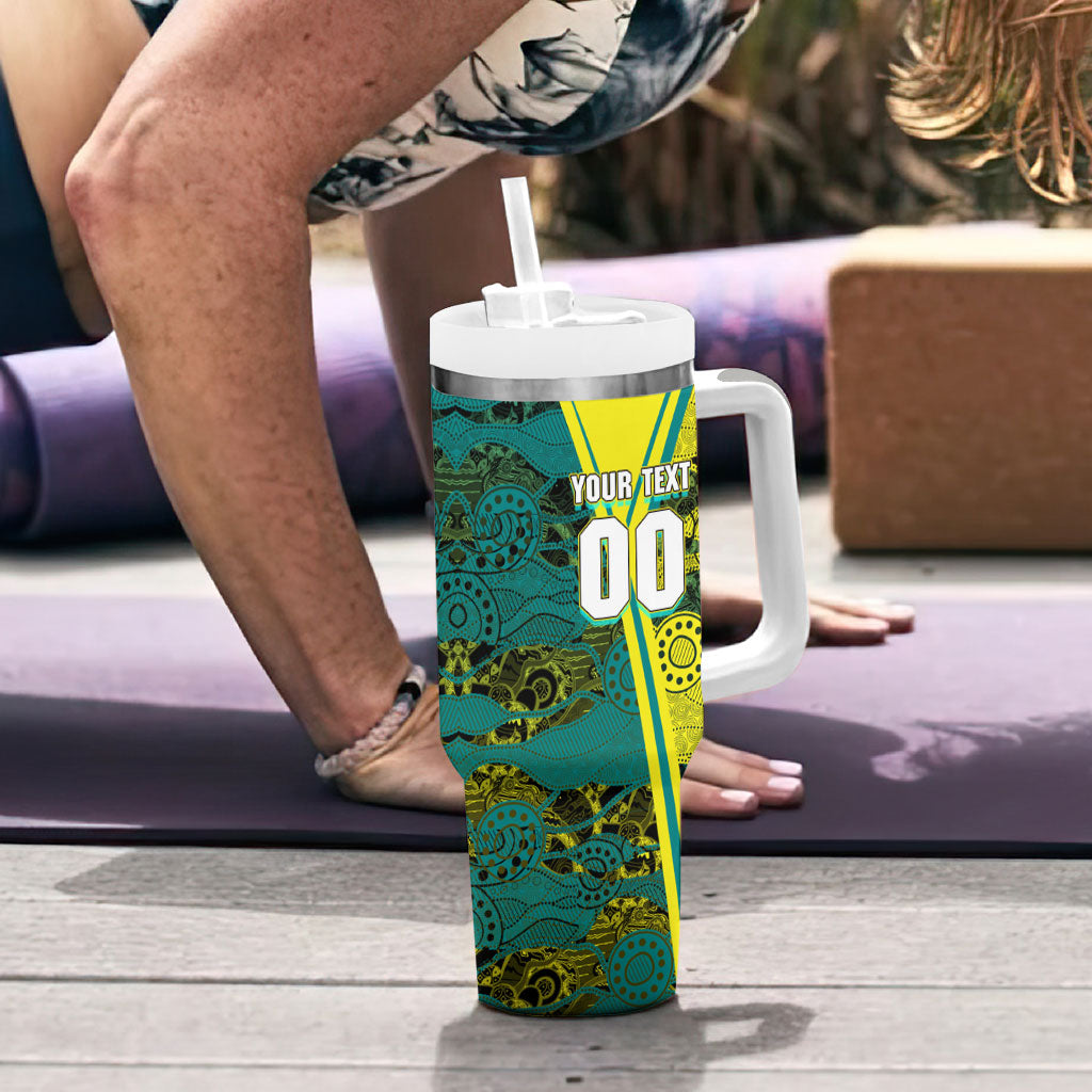 Custom Hockeyroos Kangaroo Field Hockey Tumbler With Handle Aboriginal Pattern Green Gold Dynamic Athlete Design