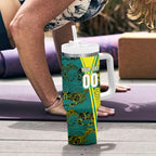 Custom Hockeyroos Kangaroo Field Hockey Tumbler With Handle Aboriginal Pattern Green Gold Dynamic Athlete Design
