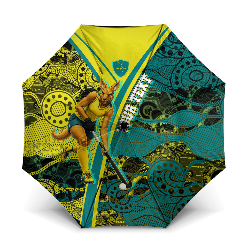 Custom Hockeyroos Kangaroo Field Hockey Umbrella Aboriginal Pattern Green Gold Dynamic Athlete Design