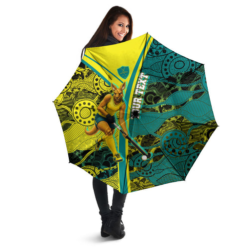 Custom Hockeyroos Kangaroo Field Hockey Umbrella Aboriginal Pattern Green Gold Dynamic Athlete Design