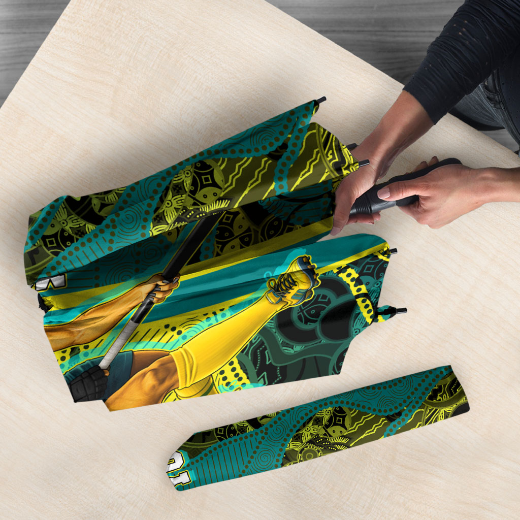 Custom Hockeyroos Kangaroo Field Hockey Umbrella Aboriginal Pattern Green Gold Dynamic Athlete Design