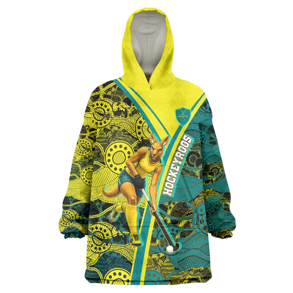 Custom Hockeyroos Kangaroo Field Hockey Wearable Blanket Hoodie Aboriginal Pattern Green Gold Dynamic Athlete Design