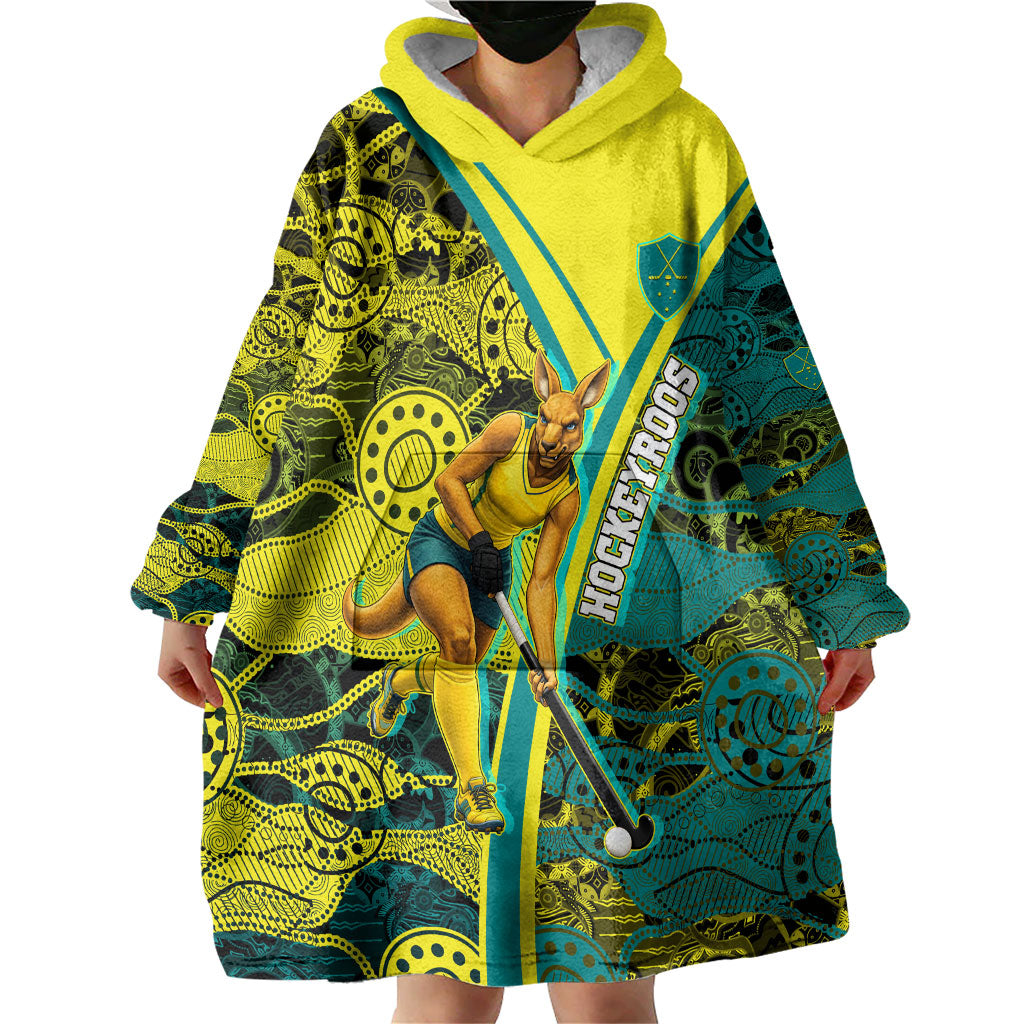 Custom Hockeyroos Kangaroo Field Hockey Wearable Blanket Hoodie Aboriginal Pattern Green Gold Dynamic Athlete Design