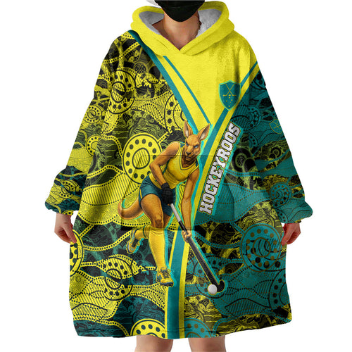 Custom Hockeyroos Kangaroo Field Hockey Wearable Blanket Hoodie Aboriginal Pattern Green Gold Dynamic Athlete Design