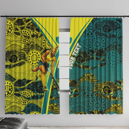 Custom Hockeyroos Kangaroo Field Hockey Window Curtain Aboriginal Pattern Green Gold Dynamic Athlete Design