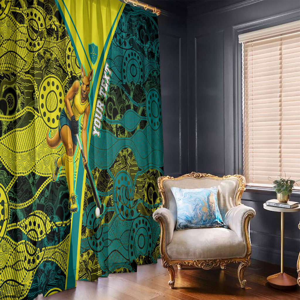 Custom Hockeyroos Kangaroo Field Hockey Window Curtain Aboriginal Pattern Green Gold Dynamic Athlete Design