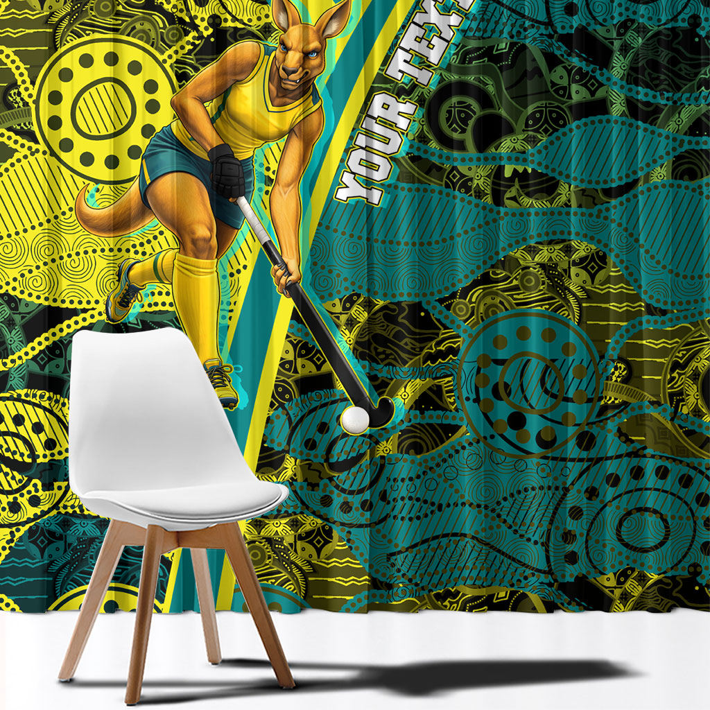 Custom Hockeyroos Kangaroo Field Hockey Window Curtain Aboriginal Pattern Green Gold Dynamic Athlete Design