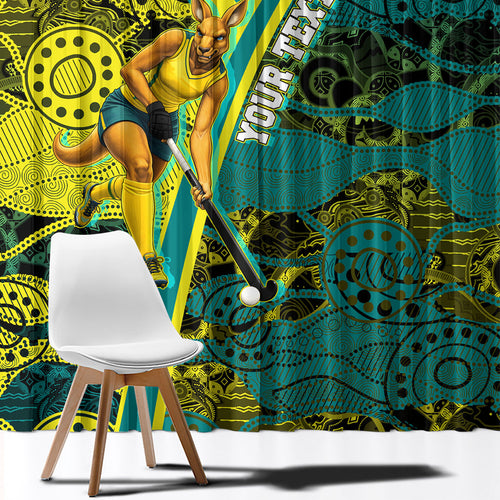 Custom Hockeyroos Kangaroo Field Hockey Window Curtain Aboriginal Pattern Green Gold Dynamic Athlete Design
