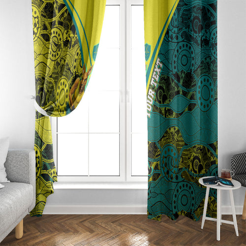 Custom Hockeyroos Kangaroo Field Hockey Window Curtain Aboriginal Pattern Green Gold Dynamic Athlete Design