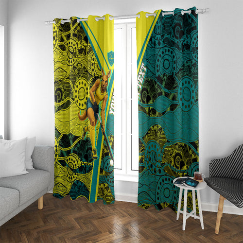 Custom Hockeyroos Kangaroo Field Hockey Window Curtain Aboriginal Pattern Green Gold Dynamic Athlete Design