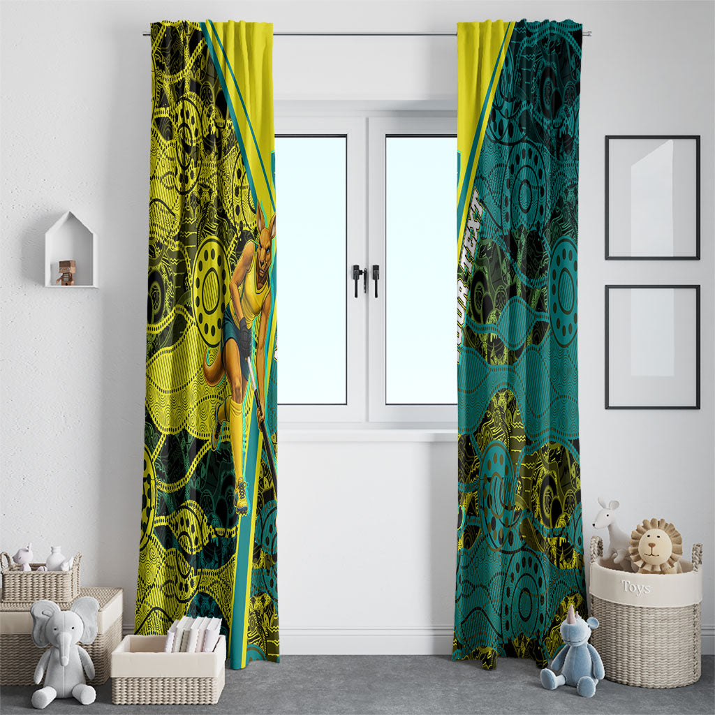 Custom Hockeyroos Kangaroo Field Hockey Window Curtain Aboriginal Pattern Green Gold Dynamic Athlete Design