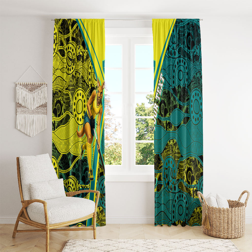 Custom Hockeyroos Kangaroo Field Hockey Window Curtain Aboriginal Pattern Green Gold Dynamic Athlete Design