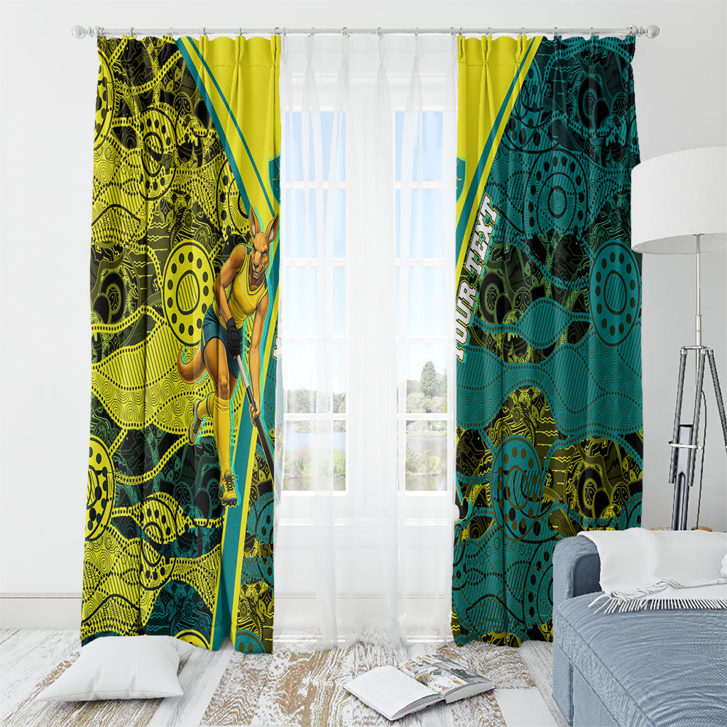 Custom Hockeyroos Kangaroo Field Hockey Window Curtain Aboriginal Pattern Green Gold Dynamic Athlete Design