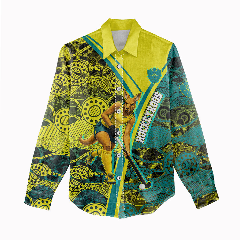 Custom Hockeyroos Kangaroo Field Hockey Women Casual Shirt Aboriginal Pattern Green Gold Dynamic Athlete Design
