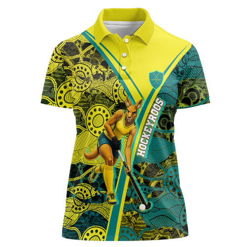 Custom Hockeyroos Kangaroo Field Hockey Women Polo Shirt Aboriginal Pattern Green Gold Dynamic Athlete Design