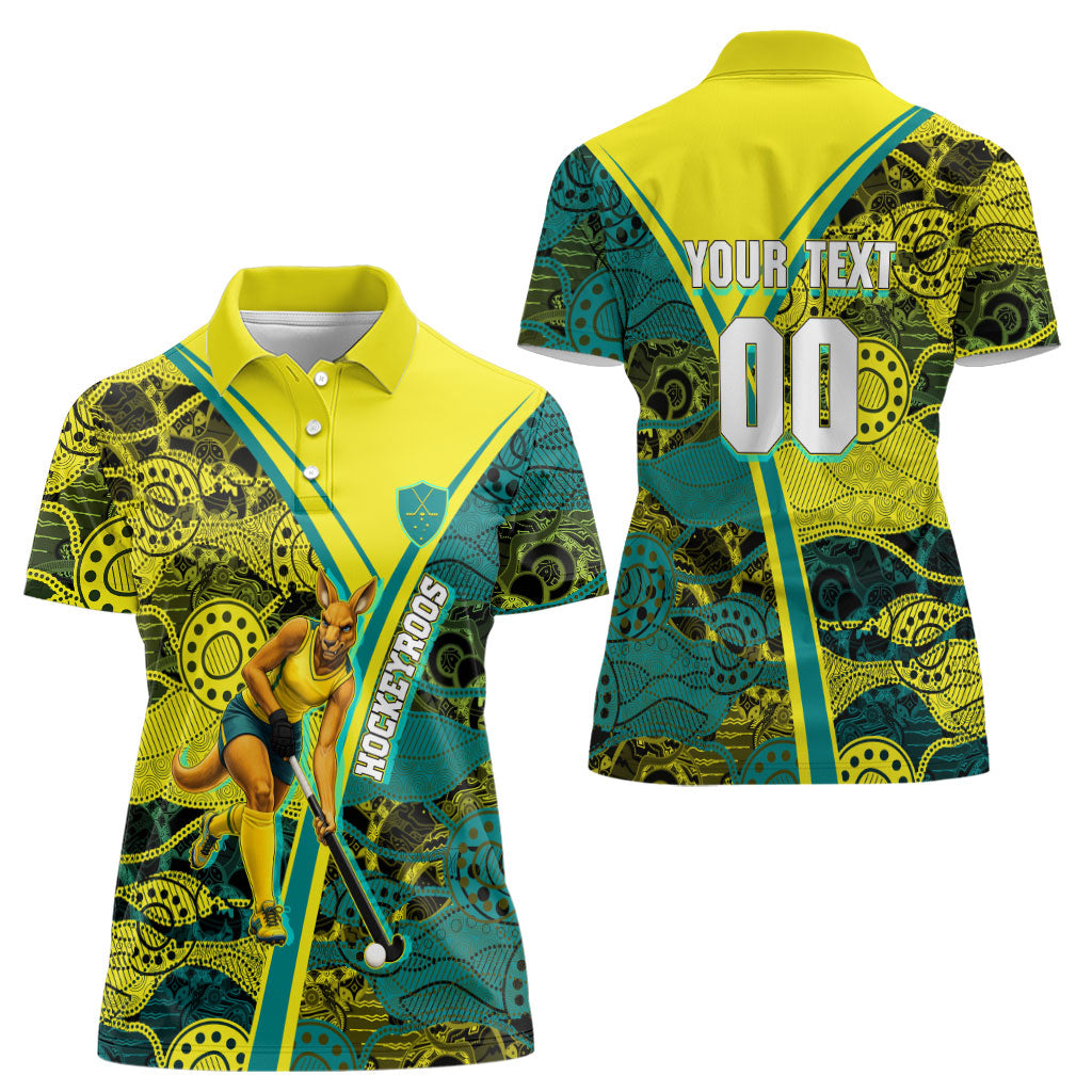 Custom Hockeyroos Kangaroo Field Hockey Women Polo Shirt Aboriginal Pattern Green Gold Dynamic Athlete Design