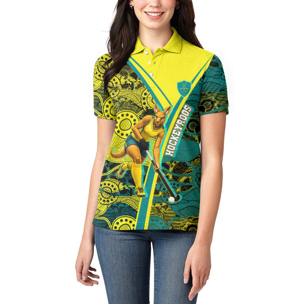 Custom Hockeyroos Kangaroo Field Hockey Women Polo Shirt Aboriginal Pattern Green Gold Dynamic Athlete Design