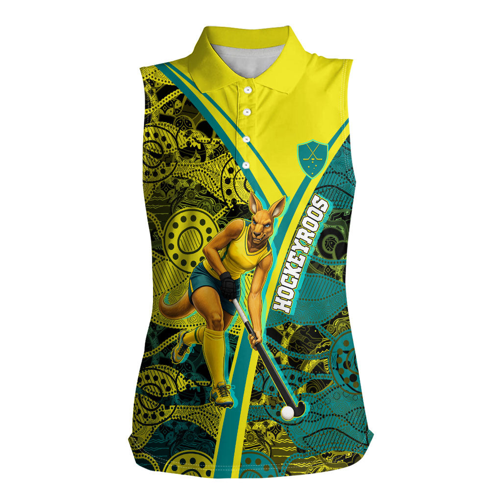 Custom Hockeyroos Kangaroo Field Hockey Women Sleeveless Polo Shirt Aboriginal Pattern Green Gold Dynamic Athlete Design