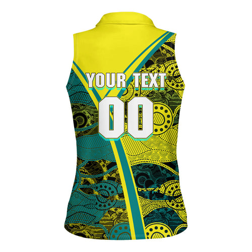 Custom Hockeyroos Kangaroo Field Hockey Women Sleeveless Polo Shirt Aboriginal Pattern Green Gold Dynamic Athlete Design