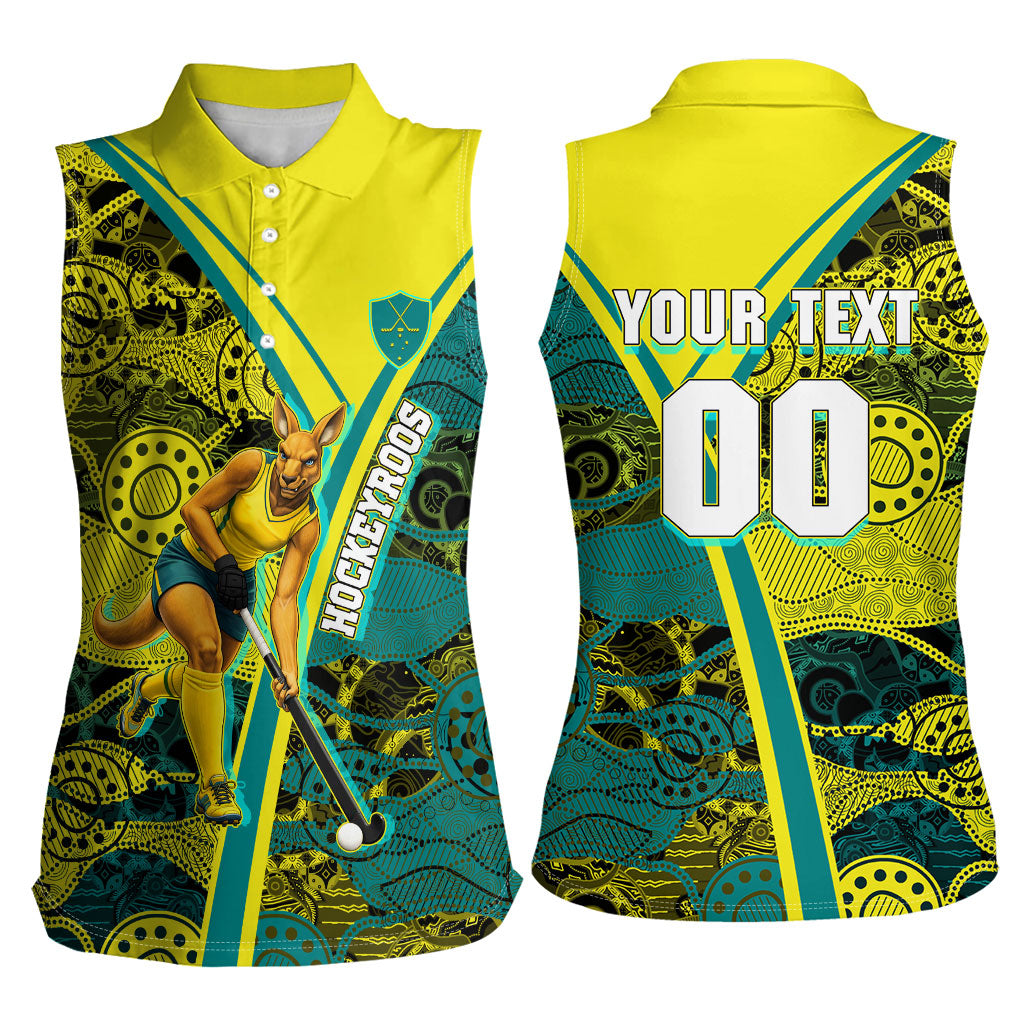 Custom Hockeyroos Kangaroo Field Hockey Women Sleeveless Polo Shirt Aboriginal Pattern Green Gold Dynamic Athlete Design