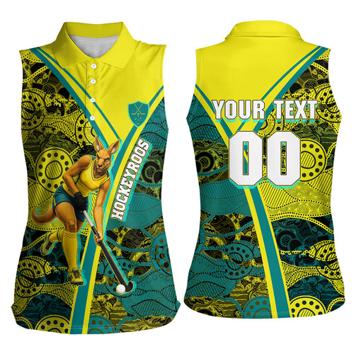 Custom Hockeyroos Kangaroo Field Hockey Women Sleeveless Polo Shirt Aboriginal Pattern Green Gold Dynamic Athlete Design