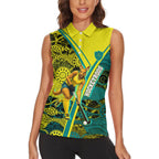 Custom Hockeyroos Kangaroo Field Hockey Women Sleeveless Polo Shirt Aboriginal Pattern Green Gold Dynamic Athlete Design